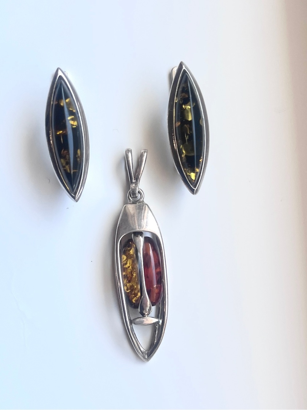 Baltic Amber SET Green & Honey Reversible Swivel Pendant & Earrings- .925 Silver